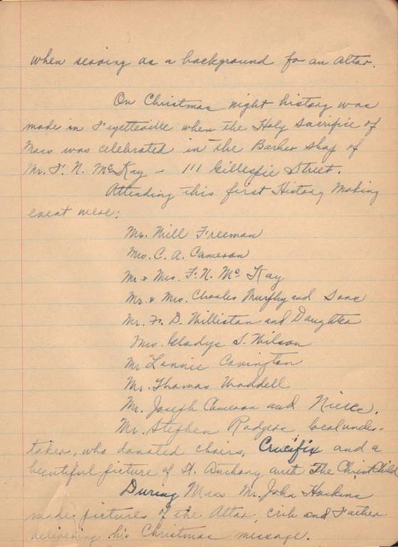 Christmas ledger of attendees at initial mass for St. Ann Catholic Church which started at Mack's Barber Shop