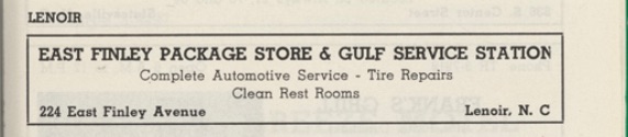 East Finley Package Store and Gulf Service Station Green Book Advertisement