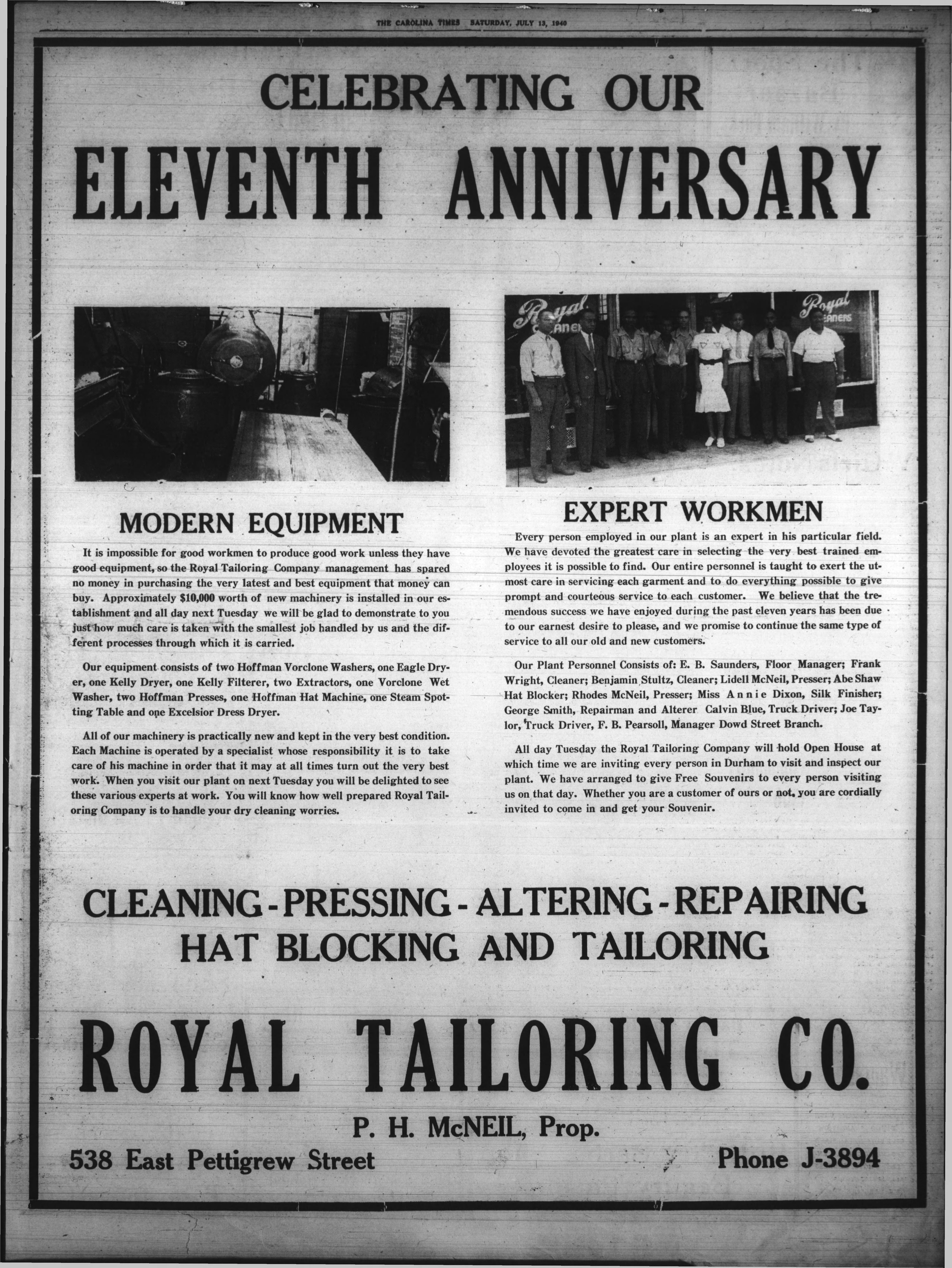 Advertisement, The Carolina Times, July 13, 1940