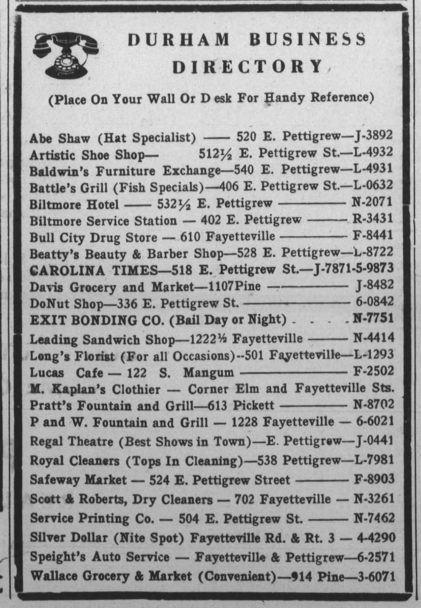 Durham Business Directory Listing, The Carolina Times, December 2, 1950