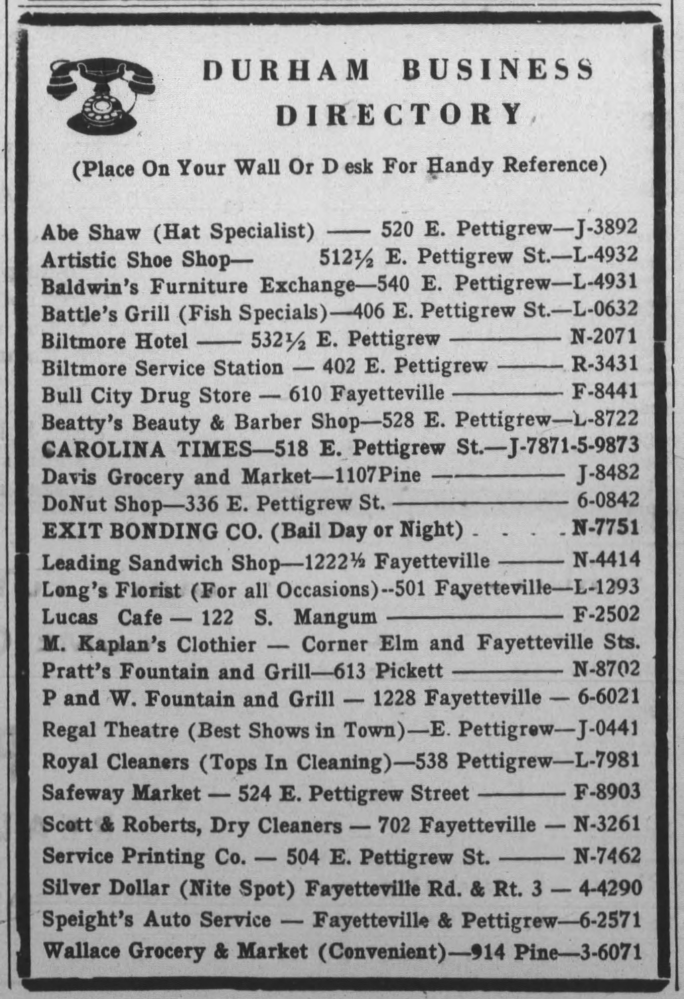 Durham Business Directory Listing, The Carolina Times, December 2, 1950