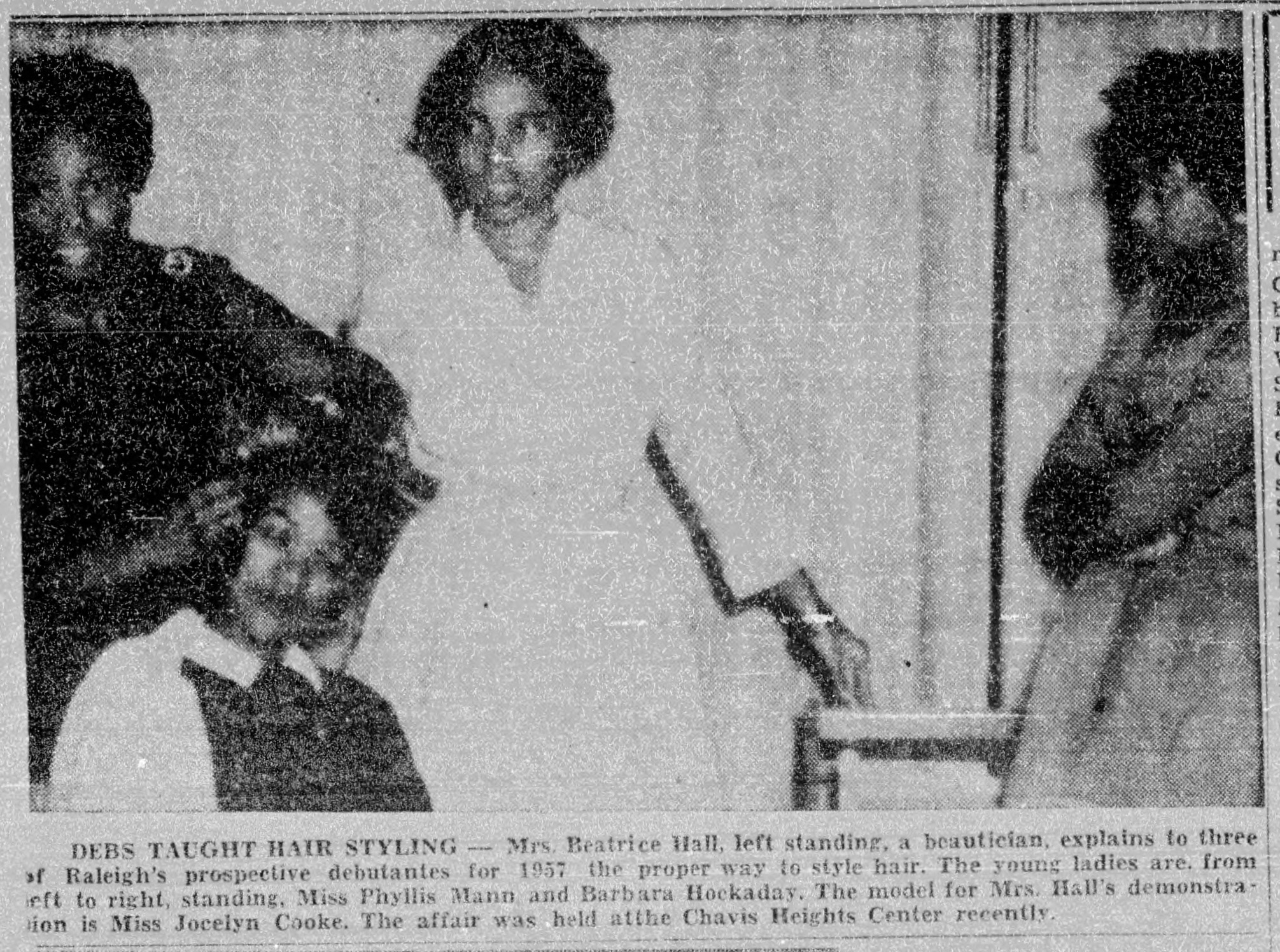 Mrs. Beatrice Hall teaching debutantes hair styles and article, The Carolinian, October 12, 1957
