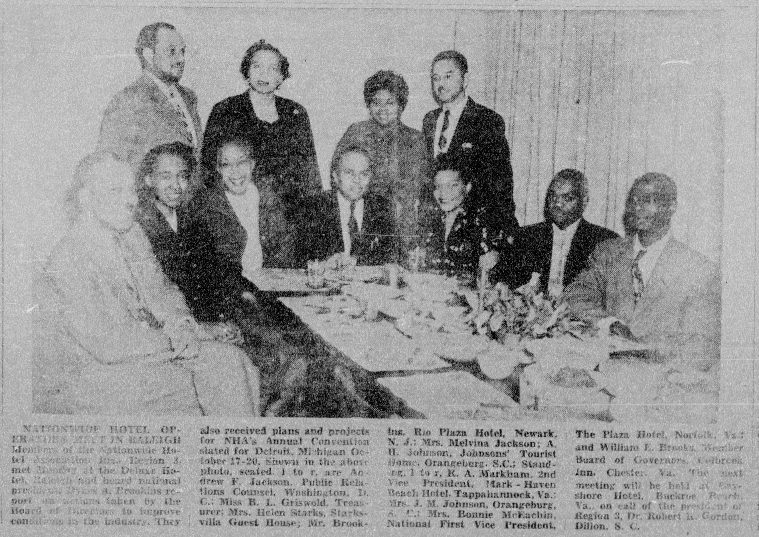 Helen Starks with members of the Nationwide Hotel Association at the DeLuxe Hotel, another Raleigh Green Book site, The Carolinian, February 19, 1955