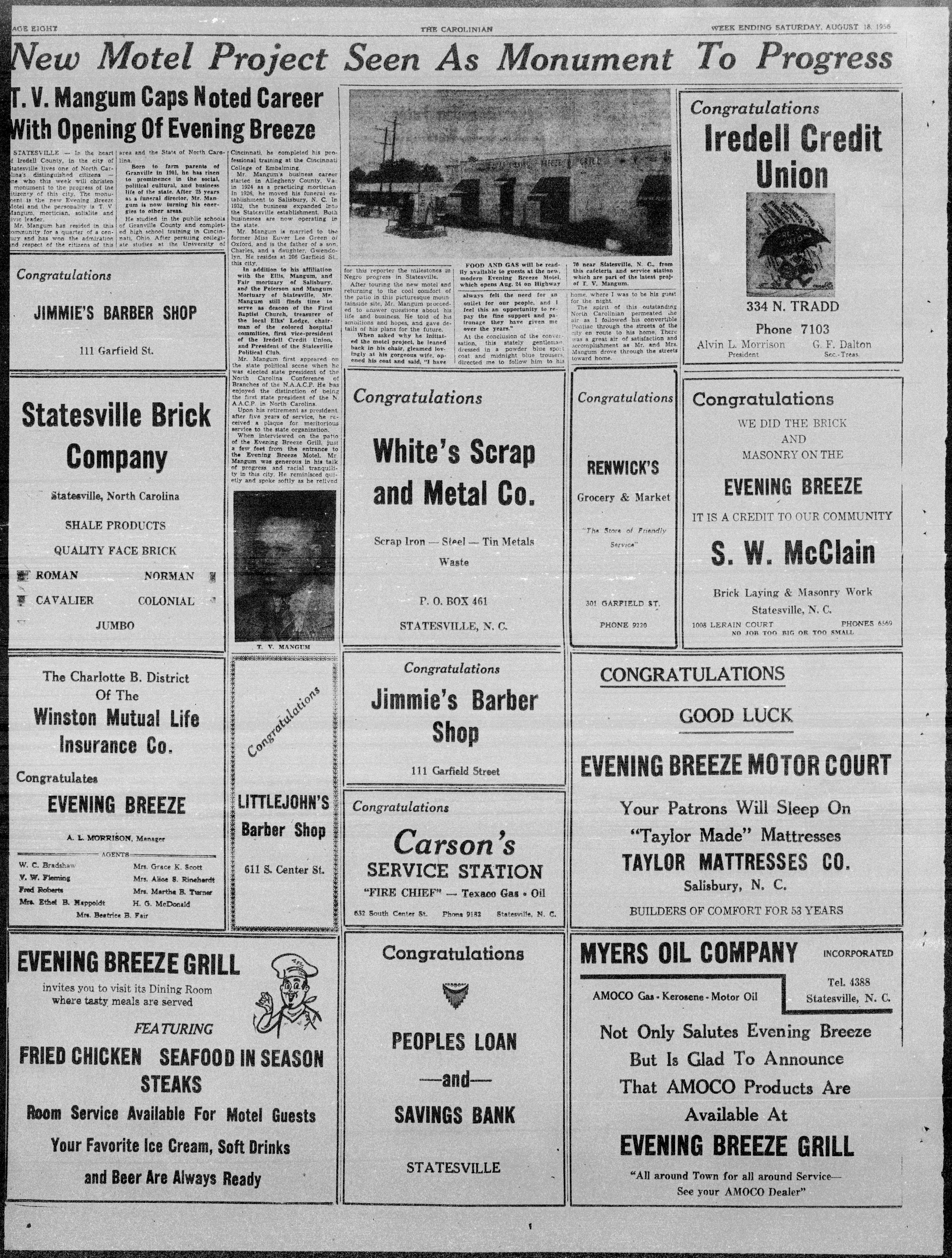 Article, The Carolinian, August 18, 1956