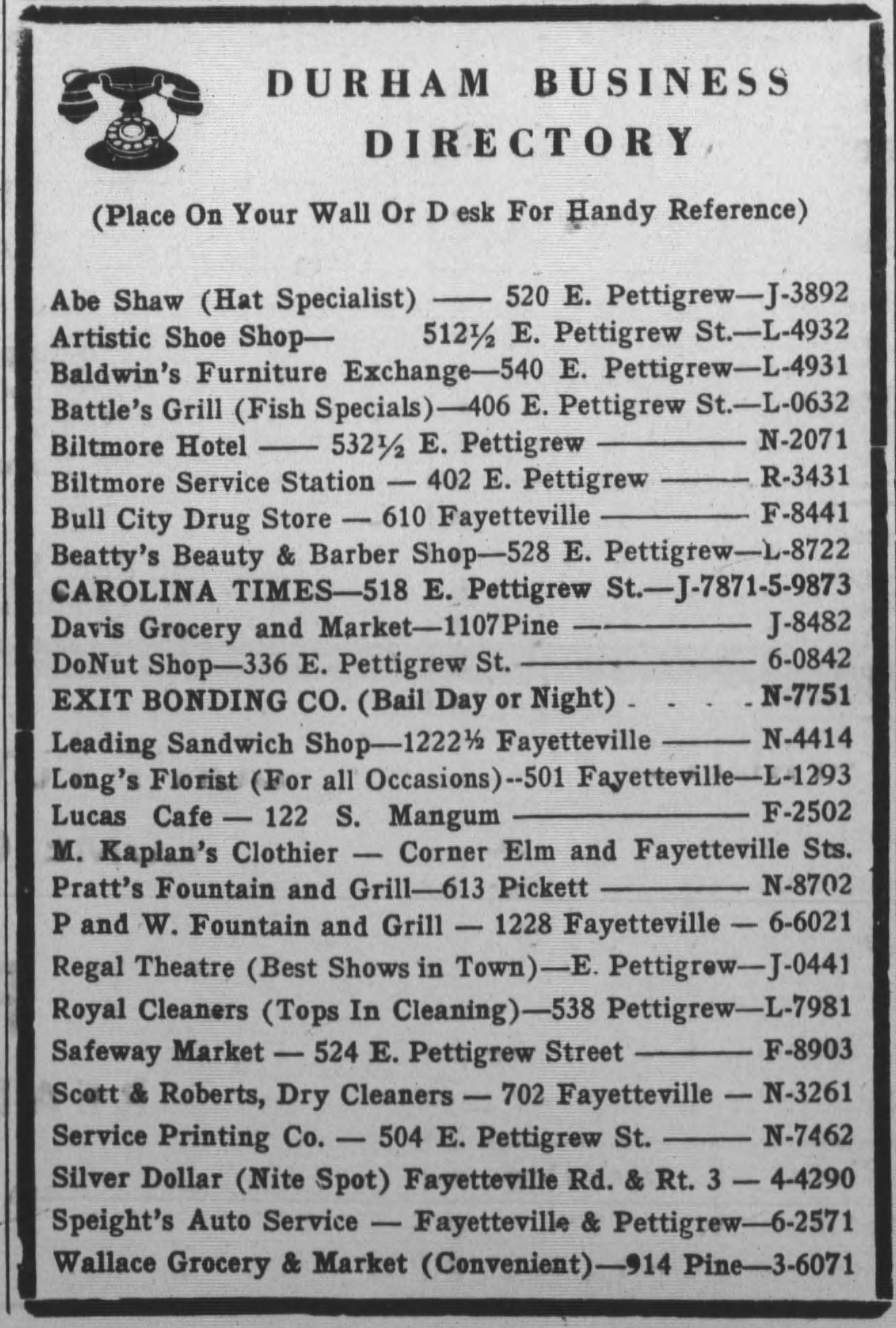 Durham Business Directory Listing, The Carolina Times, December 2, 1950