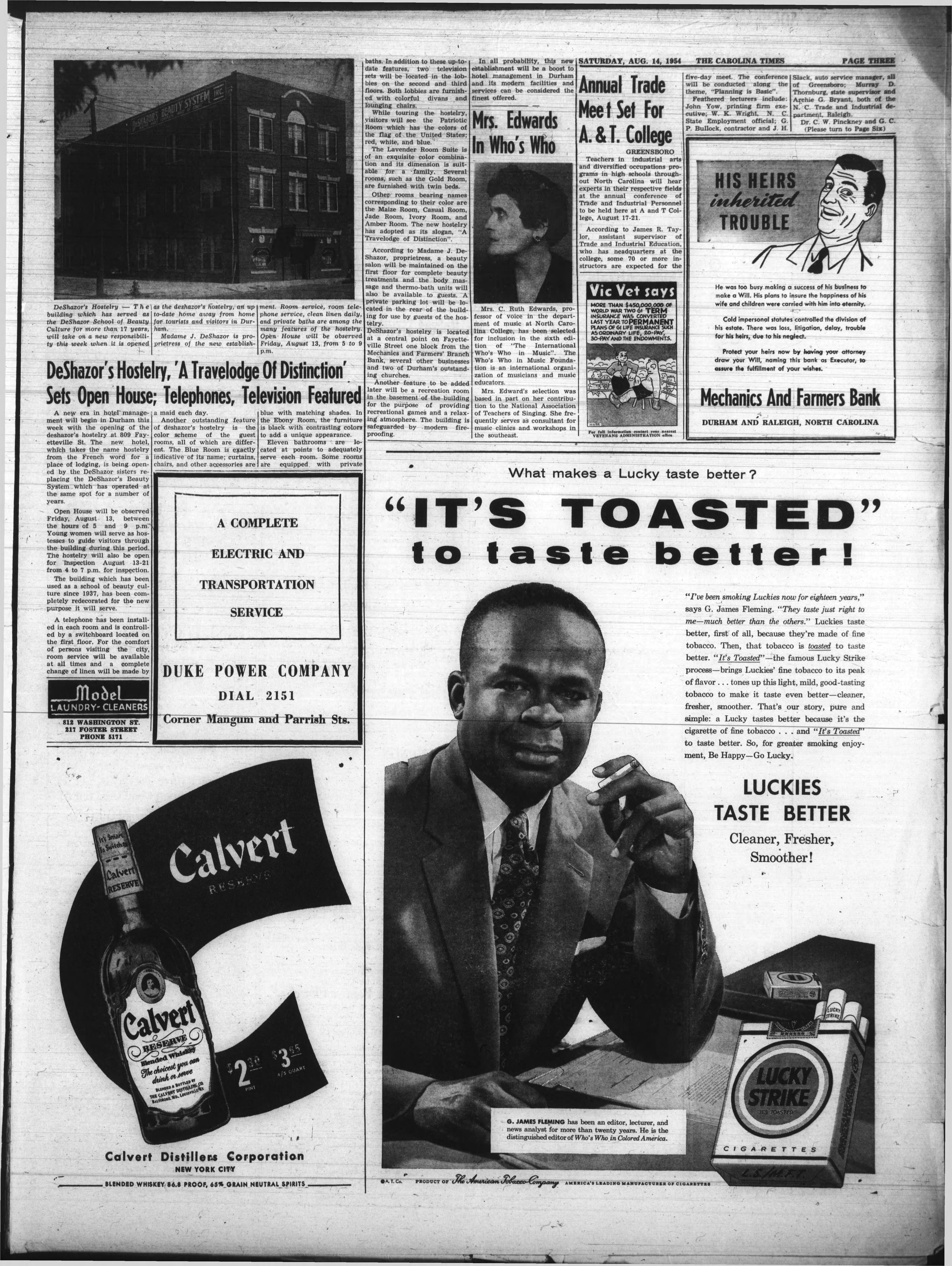 Article, The Carolina Times, August 14, 1954