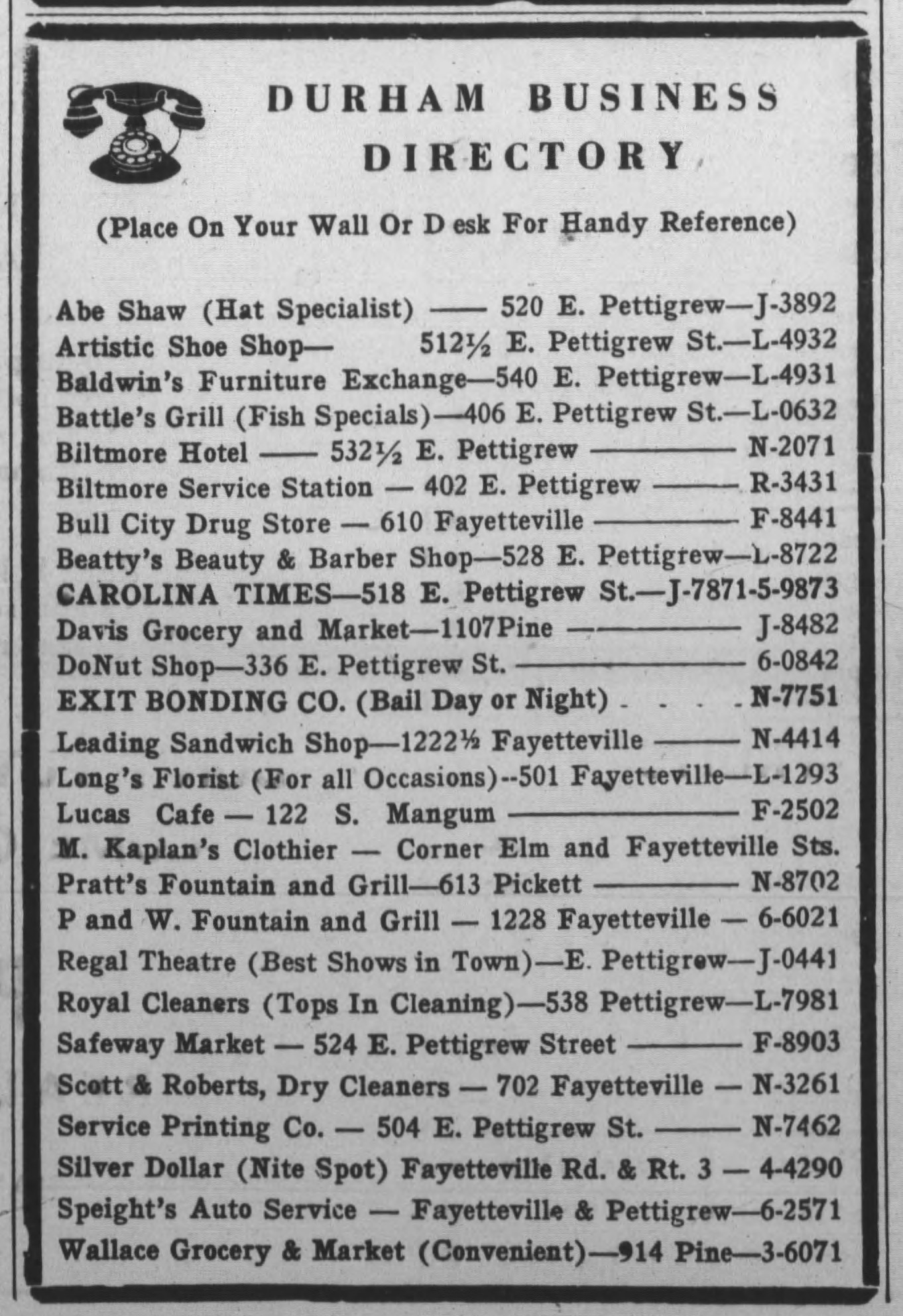 Durham Business Directory Listing, The Carolina Times, December 2, 1950