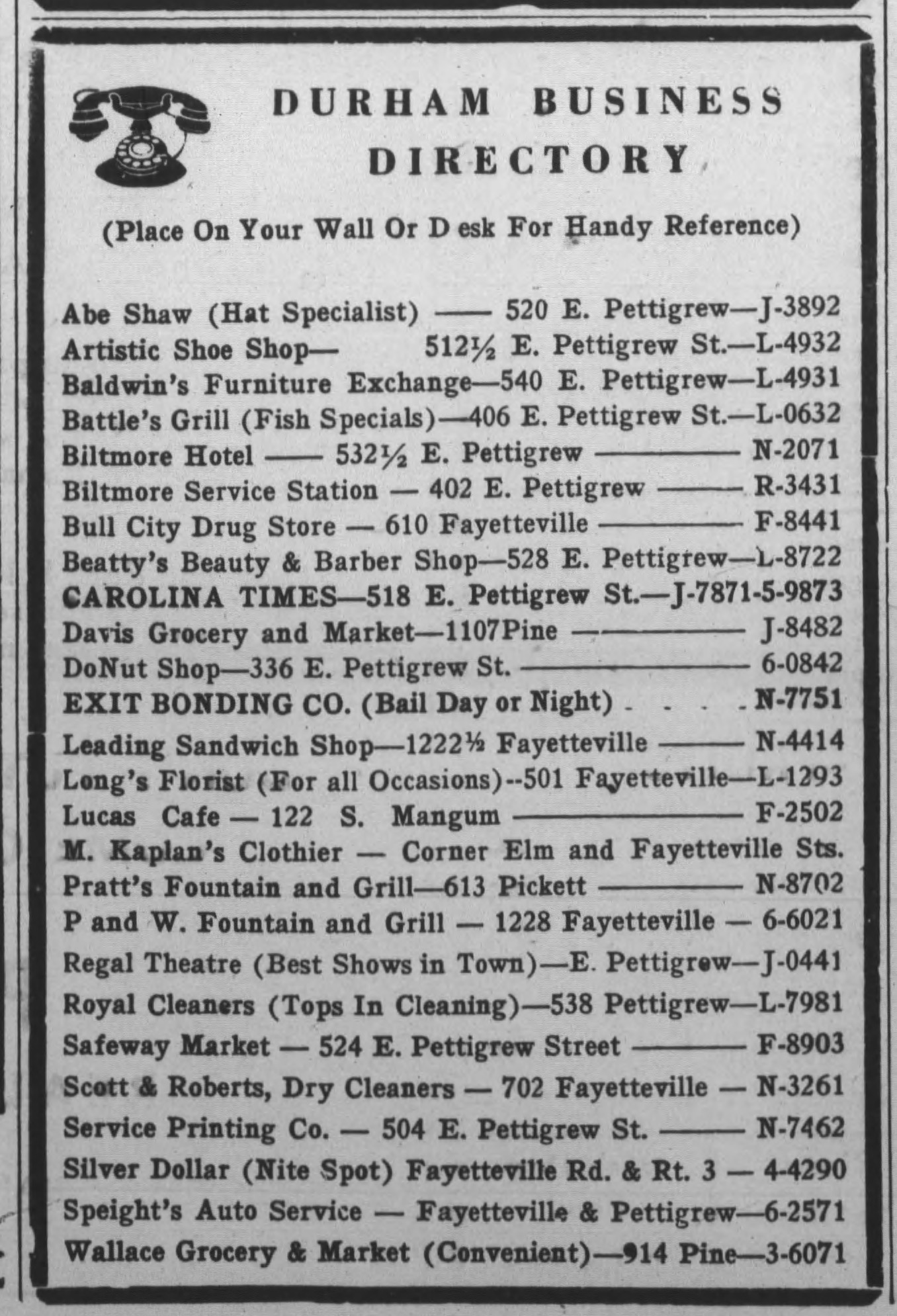 Durham Business Directory Listing, The Carolina Times, December 2, 1950