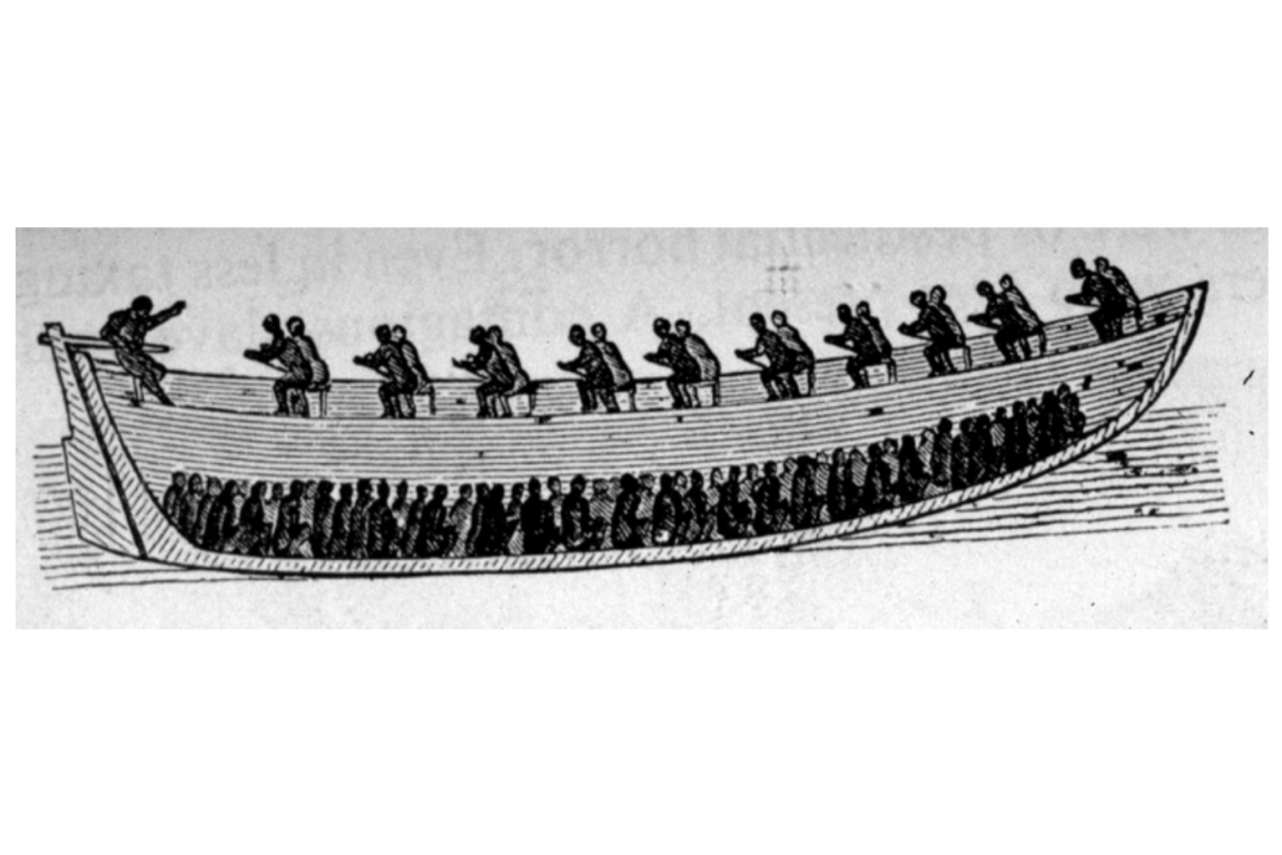 A slaving ship with captured Africans onboard and inside ship.