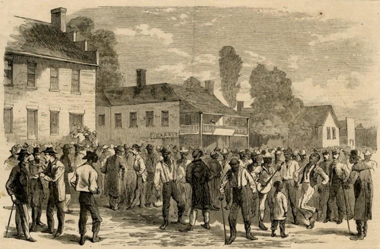 Black men in the town square registering to vote for the first time in 1867