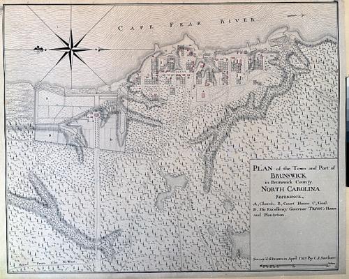 Plan of the Town and Port of Brunswick, 1769, by C. J. Sauthier. Courtesy of the State Archives of North Carolina.