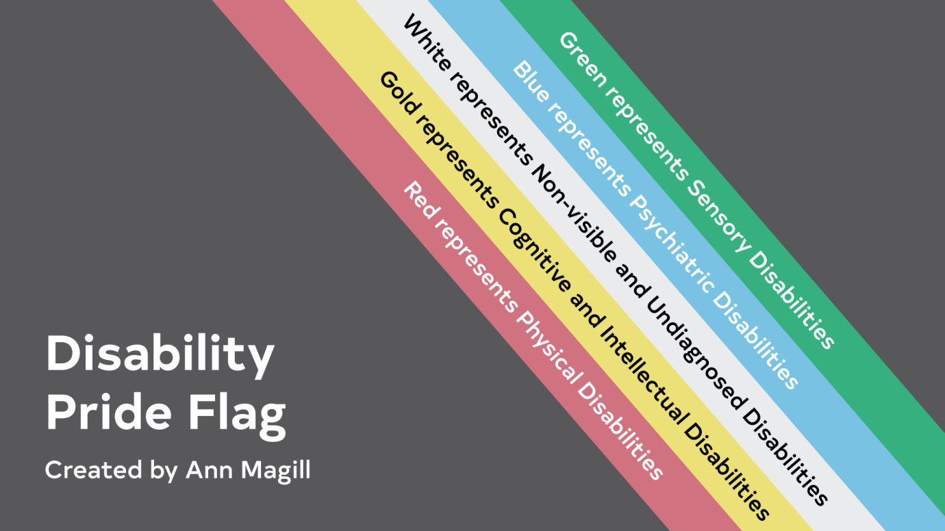 The diagonal stripes are set on a faded black background to symbolize mourning for those who have experienced neglect, violence, and death due to the disability. This flag also represents individuals cutting through darkness and barriers that separate them from society. 