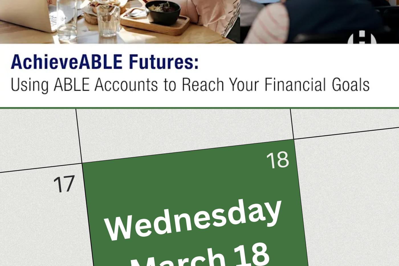 Group of people working around a table followed by the title of the event with a graphic calendar highlight the day of the event in green