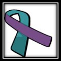 Domestic Violence & Sexual Assault logo: A ribbon half teal and half purple