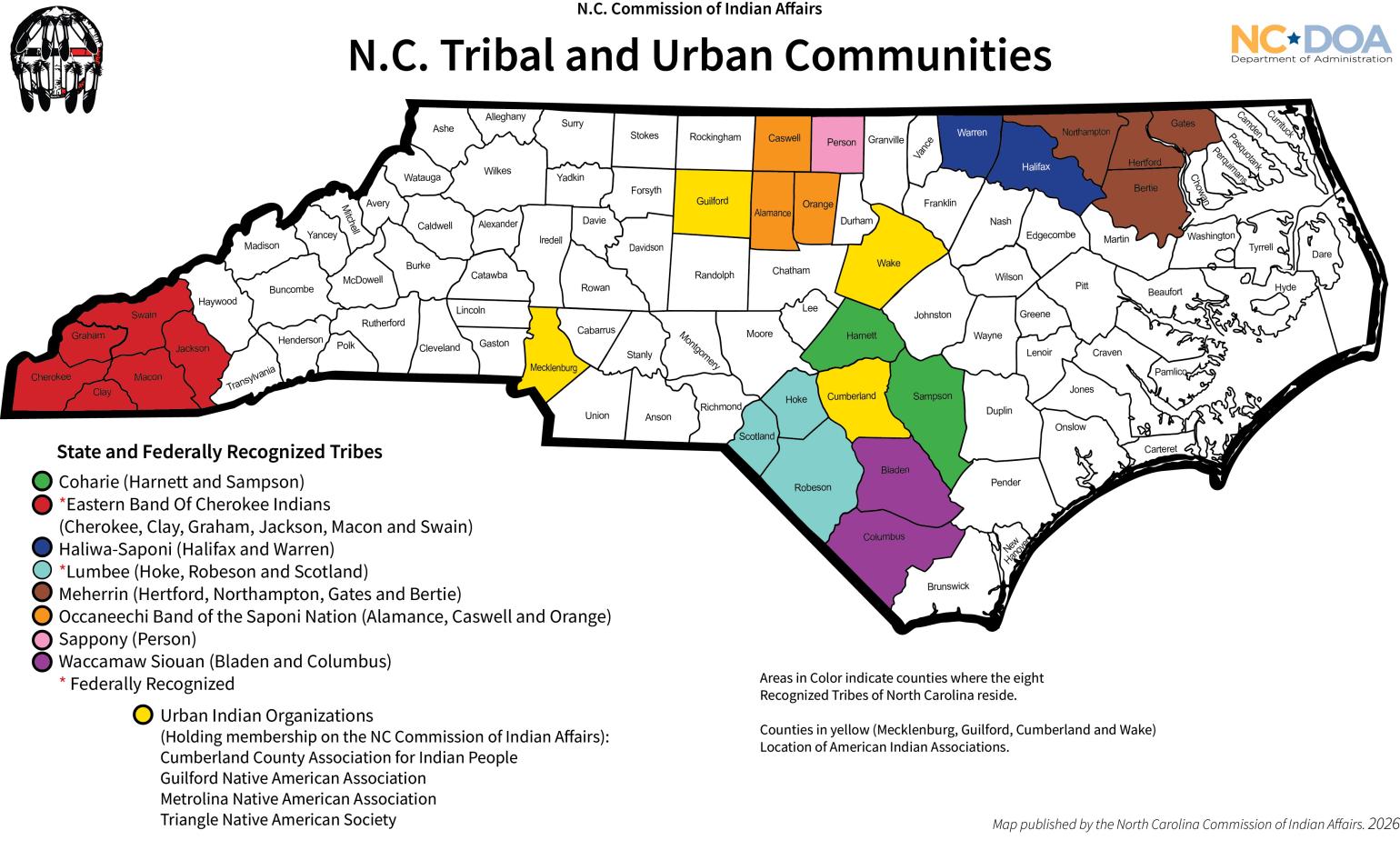Map of N.C. Tribal and Urban communities broken down by county and color-coded by community.