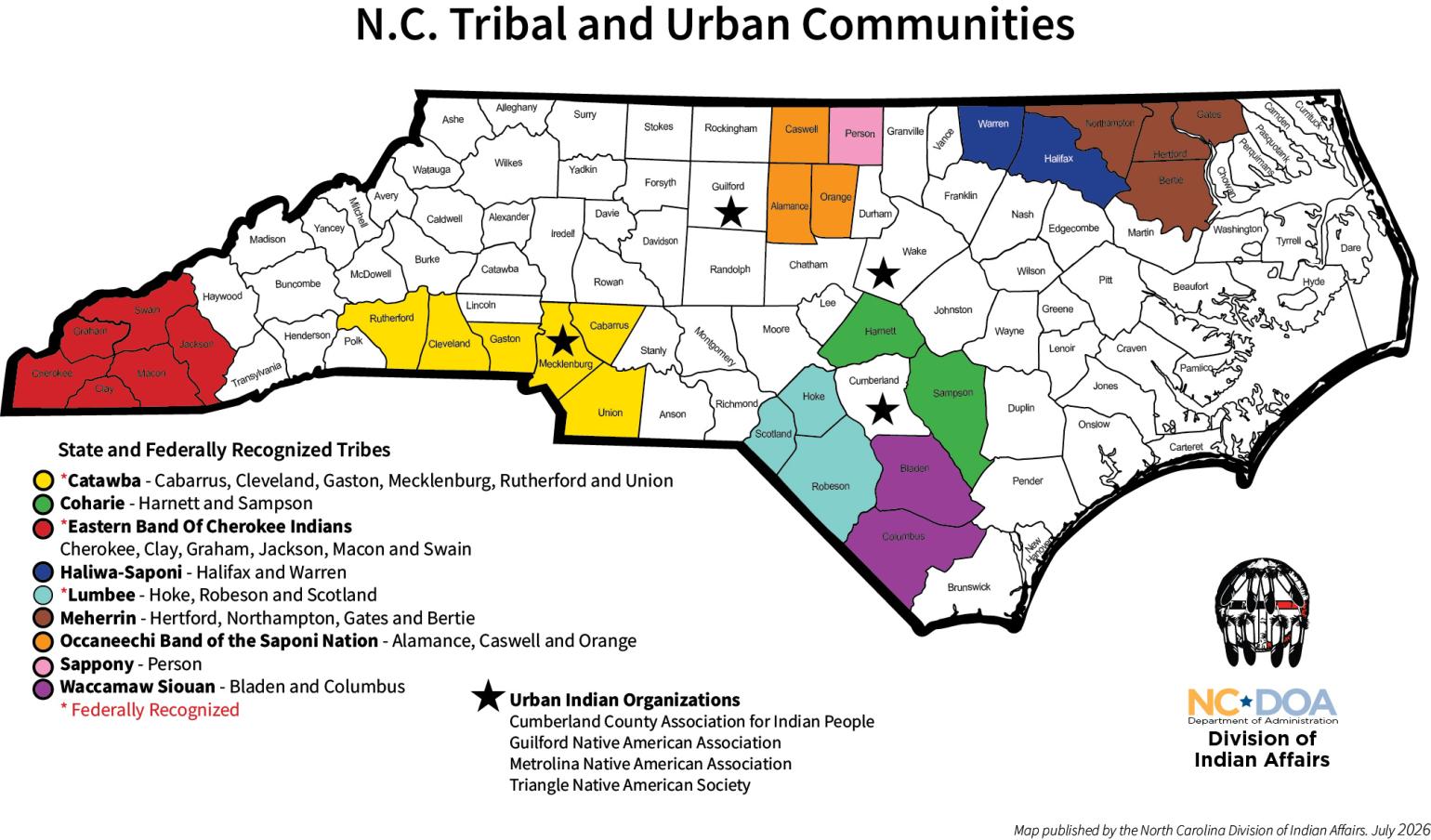 Map of North Carolina showing locations of state and federally recognized tribes, tribal communities, and urban Indian organizations, color-coded by group with counties labeled.