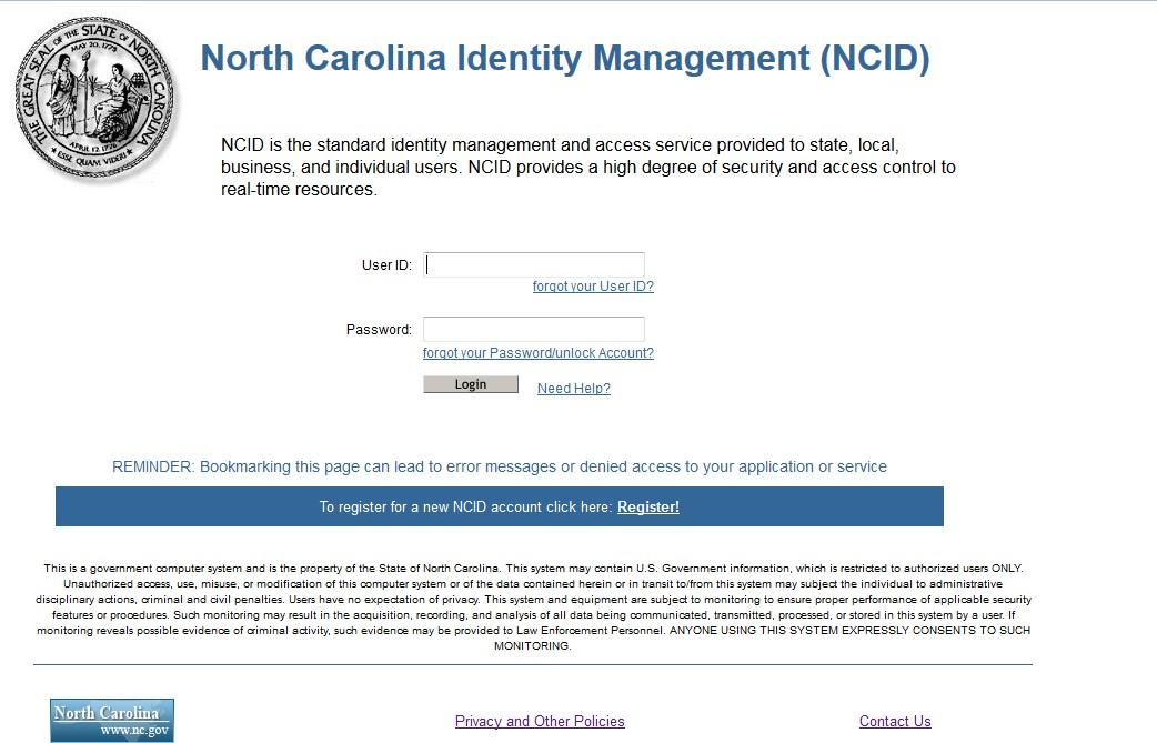 NCID login screen highlighting the Register link