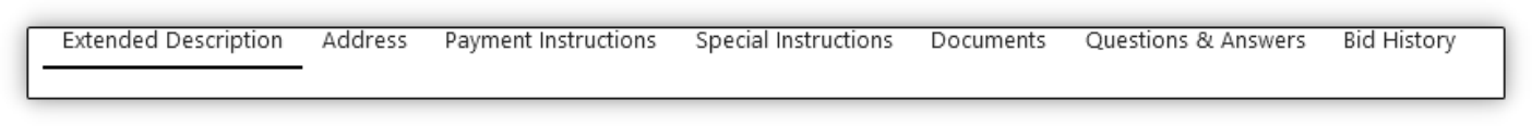 Screenshot highlighting the tabs: Extended Description, Address, Payment Instructions, Special Instructions, Documents, Questions & Answers, Bid History