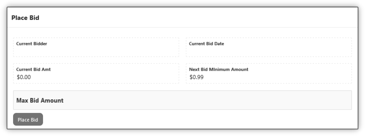 Screenshot of the Place Bid section showing fields for Max Bid Amount and the Place Bid button