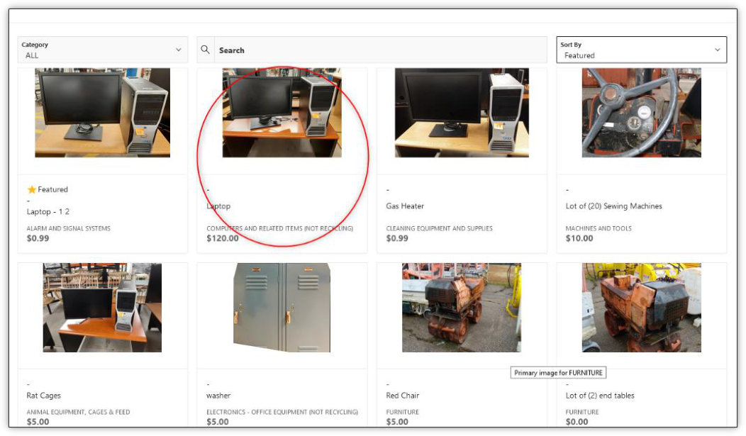 Screenshot of search results with a red circle highlighting a specific auction item to click