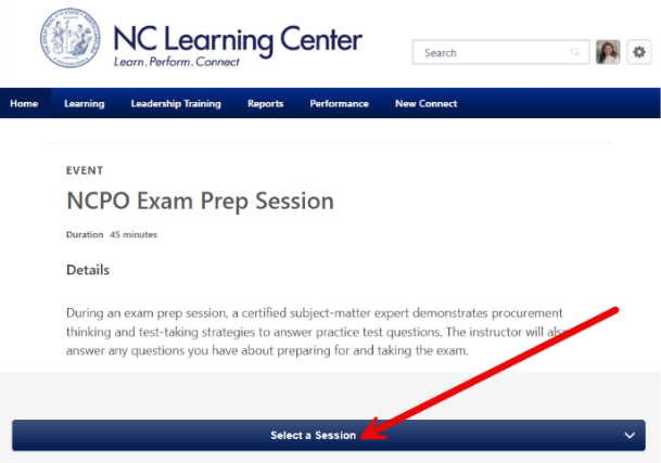 Screenshot highlighting the Select a Session button