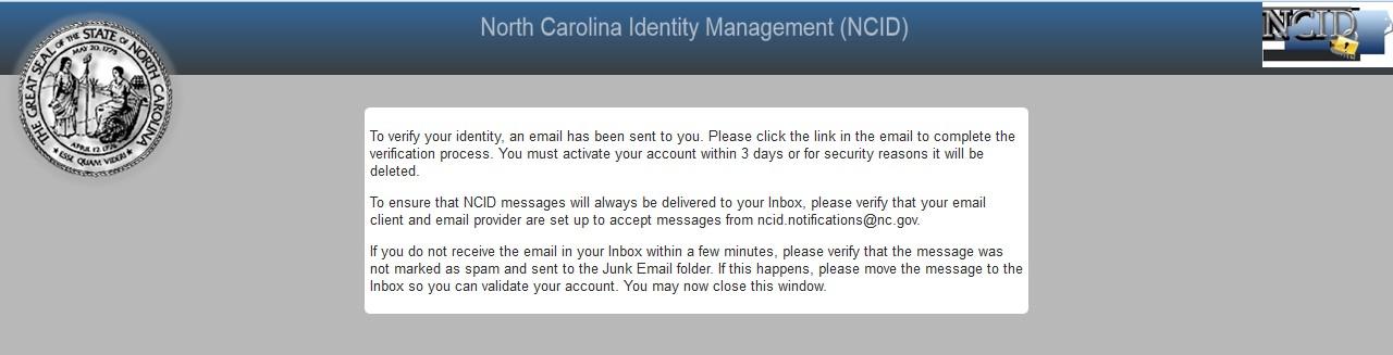NCID identity verification email sent message
