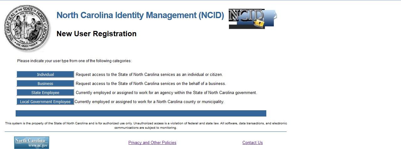 NCID New User Registration category selection screen