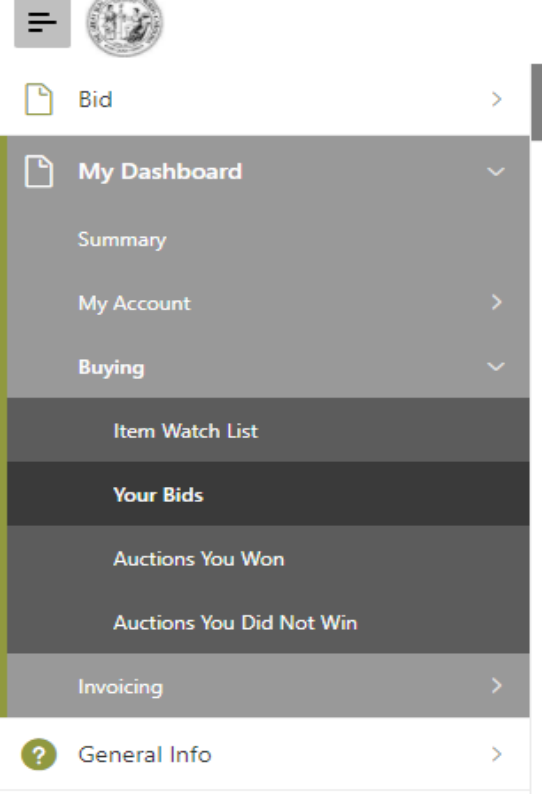 Screenshot of the sidebar menu highlighting the Your Bids option
