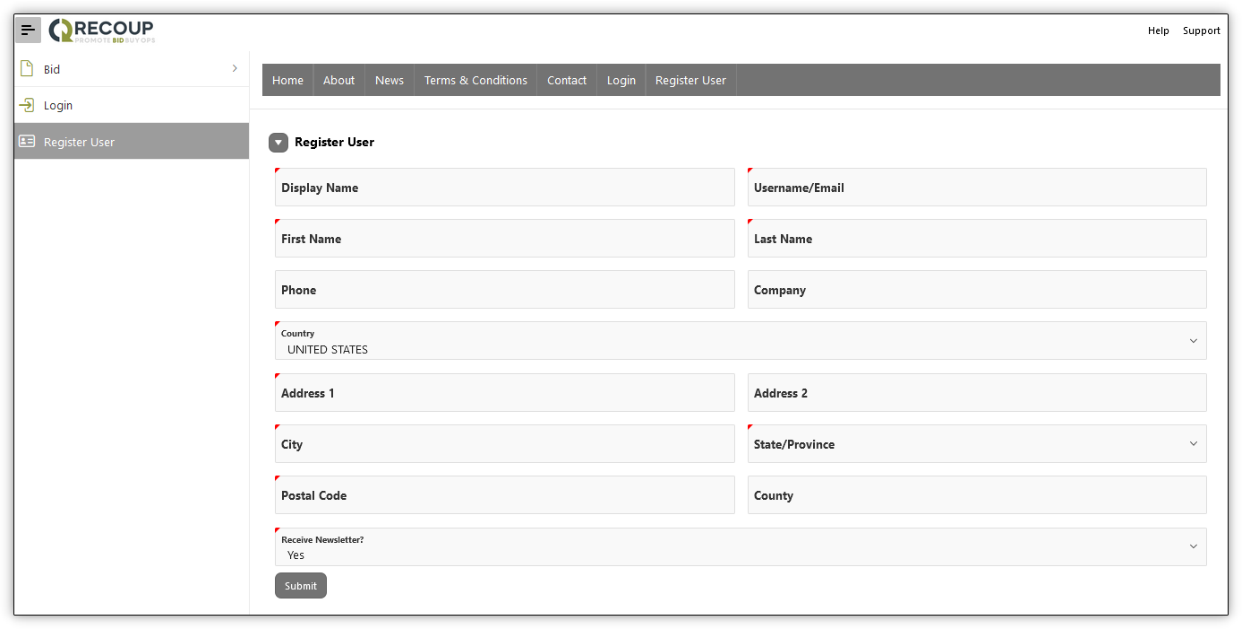 Screenshot of the Register User form in the RECOUP system