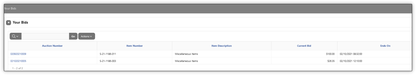 Screenshot of the Your Bids screen showing a grid of previous bids