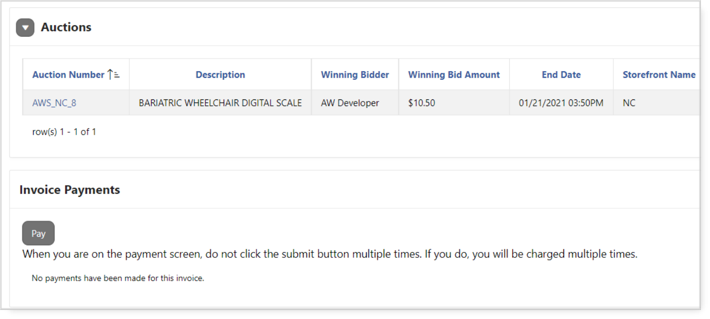 Screenshot of the Invoice Payments section showing auction details and a Pay button