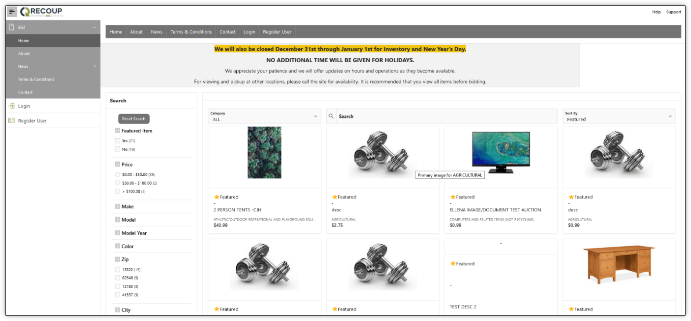 Screenshot of the RECOUP system homepage showing featured surplus items