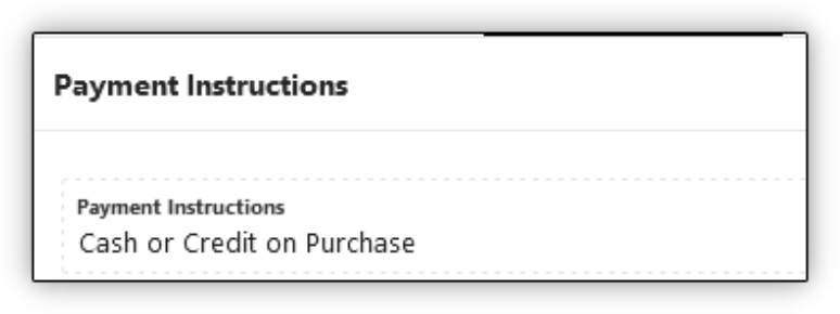 Screenshot of the Payment Instructions tab showing acceptable payment methods