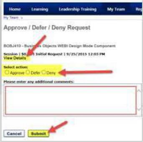 Screenshot of the approval screen showing Approve, Defer, and Deny radio buttons and the Submit button