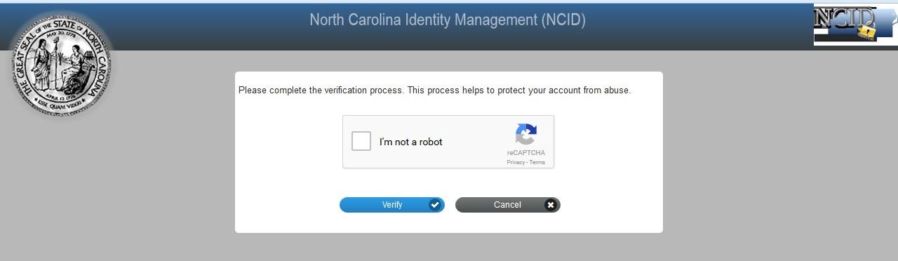 NCID verification process screen with reCAPTCHA
