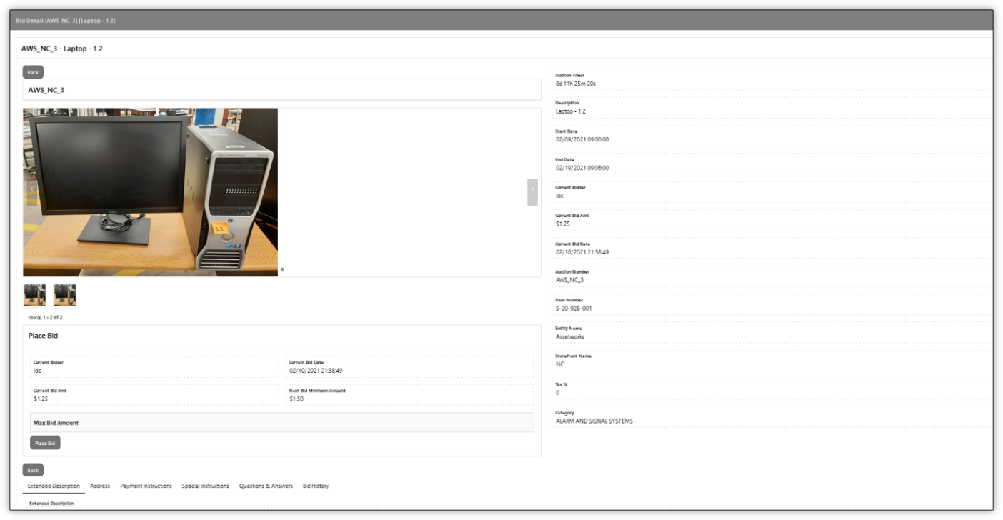 Screenshot of the top half of the Bid Detail screen showing item image and summary information