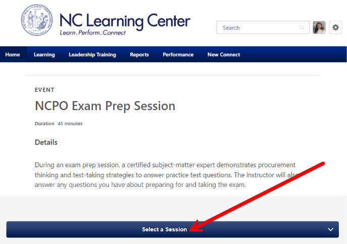 Screenshot showing the Select a Session dropdown