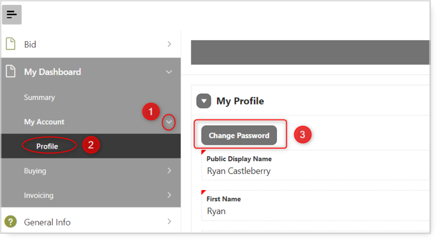 Screenshot highlighting the sequence to click Profile and then the Change Password button