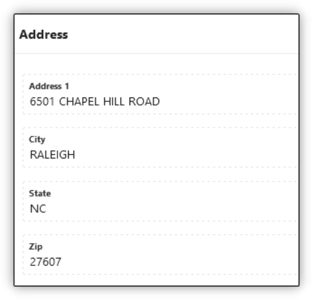 Screenshot of the Address tab content showing the location address