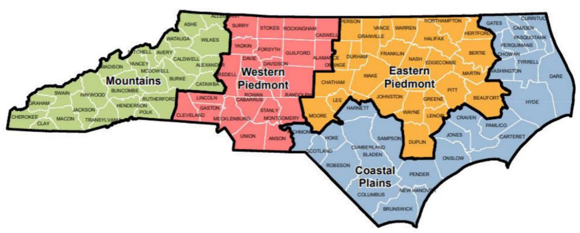 Map of North Carolina geographic service regions: Mountains, Western Piedmont, Eastern Piedmont, and Coastal Plains