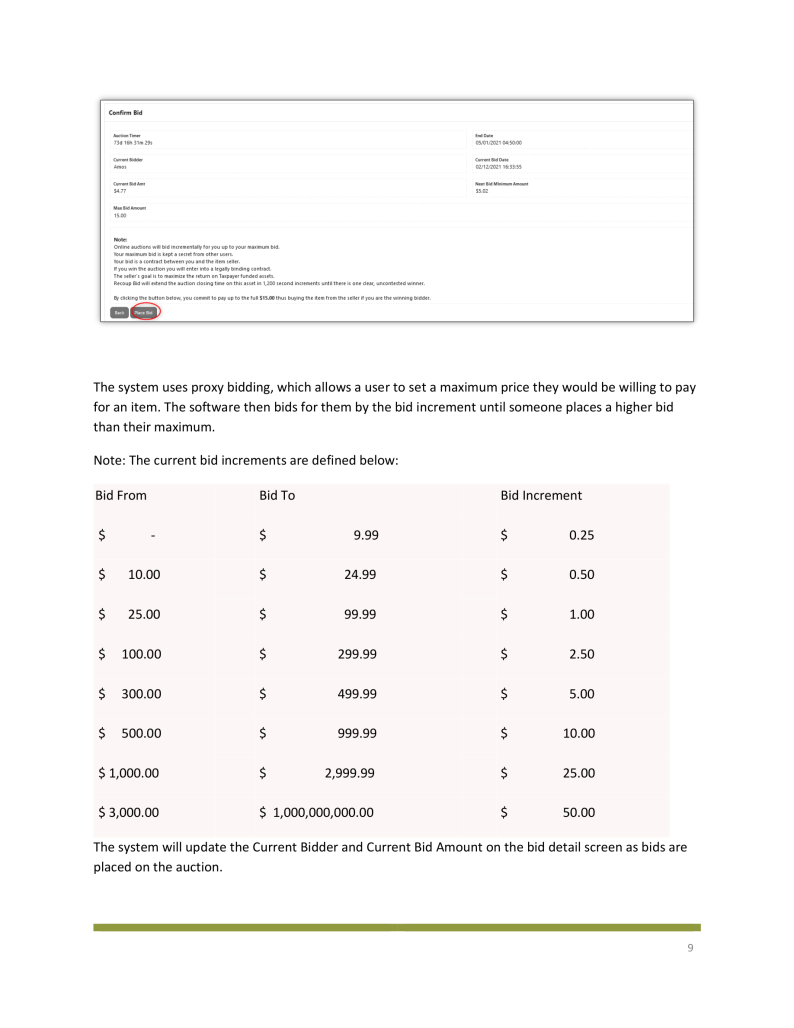 Screenshot of the Confirm Bid page outlining the user