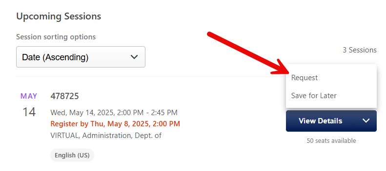 Screenshot showing registration options like Request, Save for Later, and View Details
