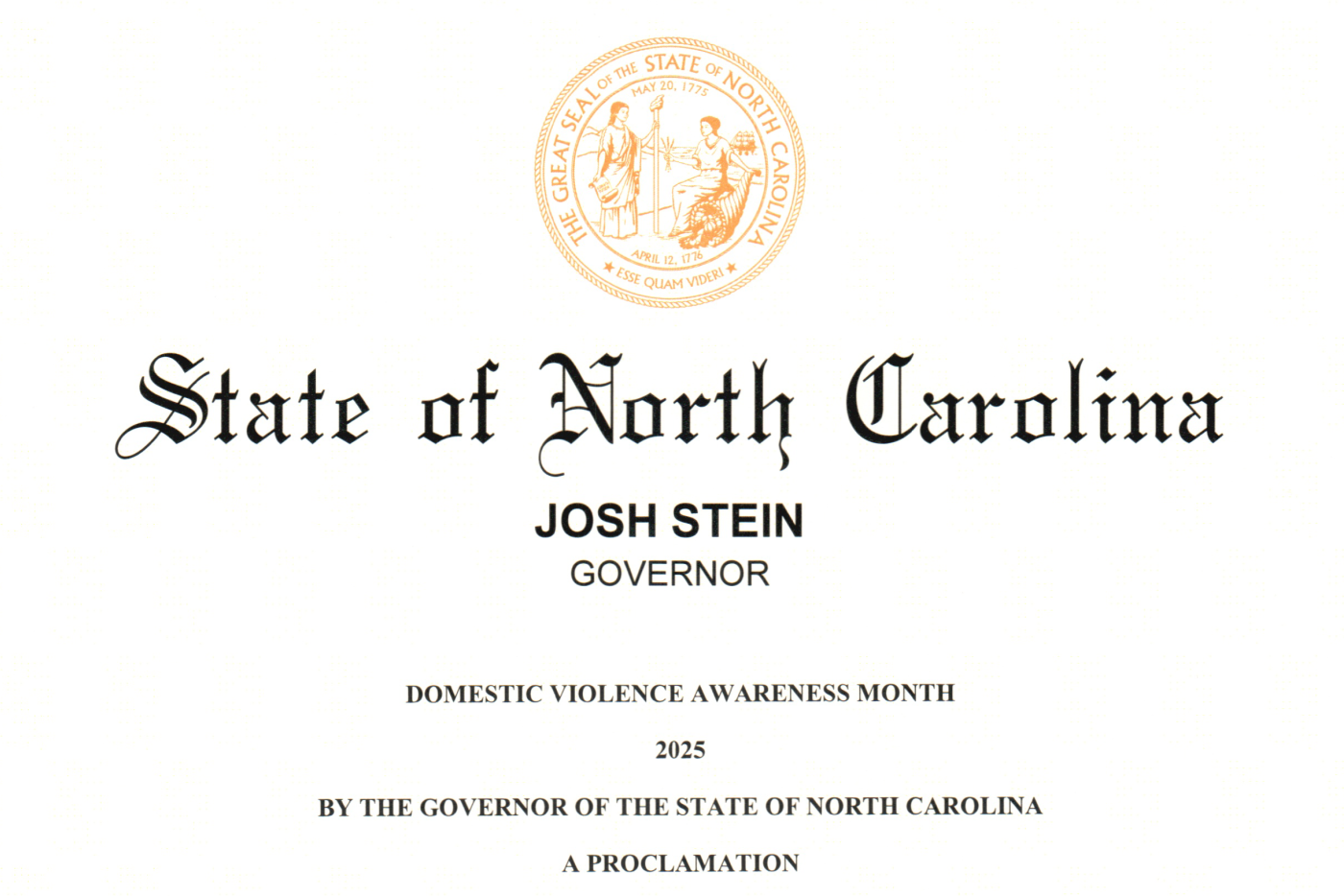 State of NC, Josh Stein, Governor - Domestic Violence Awareness Month, a proclamation