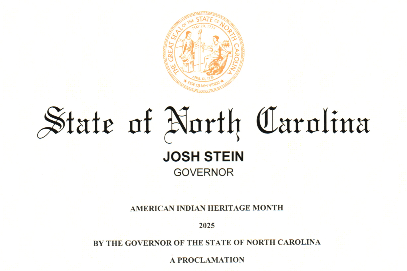State of NC, Josh Stein, Governor - American Indian Heritage Month 2025, A Proclamation