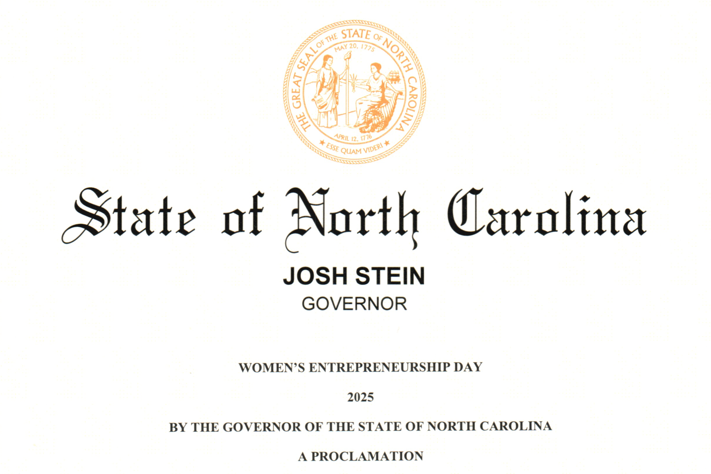 State of NC, Josh Stein, Governor - Women's Entrepreneurship Day, a proclamation