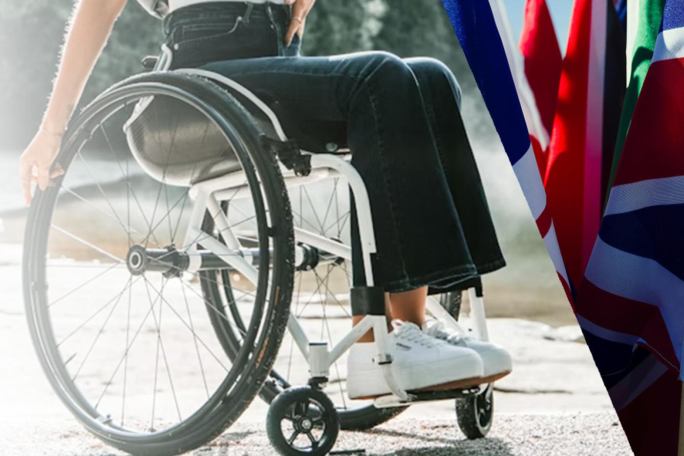 collage of wheelchair, group of flags and computer circuit board 