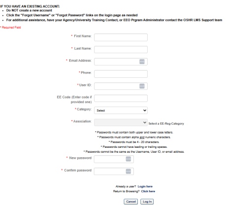 Screenshot showing the initial account creation form