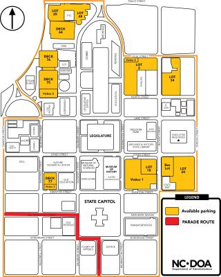 Map of state parking decks available to the public in yellow, with a route of the Hurricanes parade in red. 