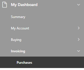 Screenshot of the sidebar menu highlighting the Purchases option under Invoicing