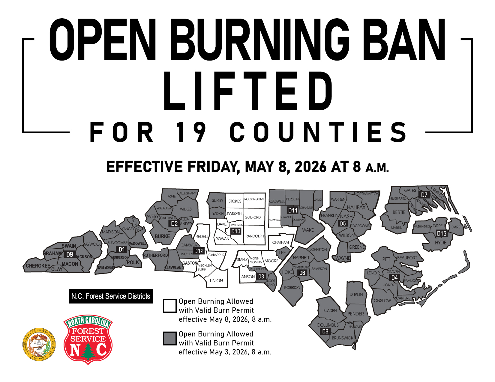 State-issued burn ban lifted for all North Carolina counties as fire danger moderates following recent rainfall